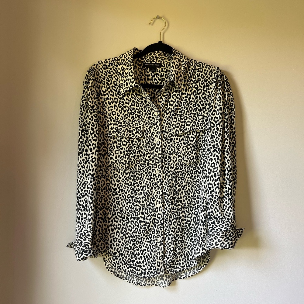 Something Navy Black and Cream leopard Animal Print Button-Down Shirt